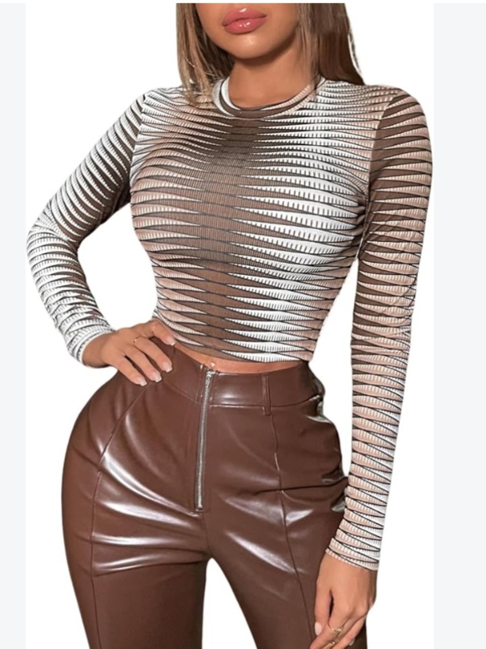 Shein brown geometric stretch long sleeve crop top L